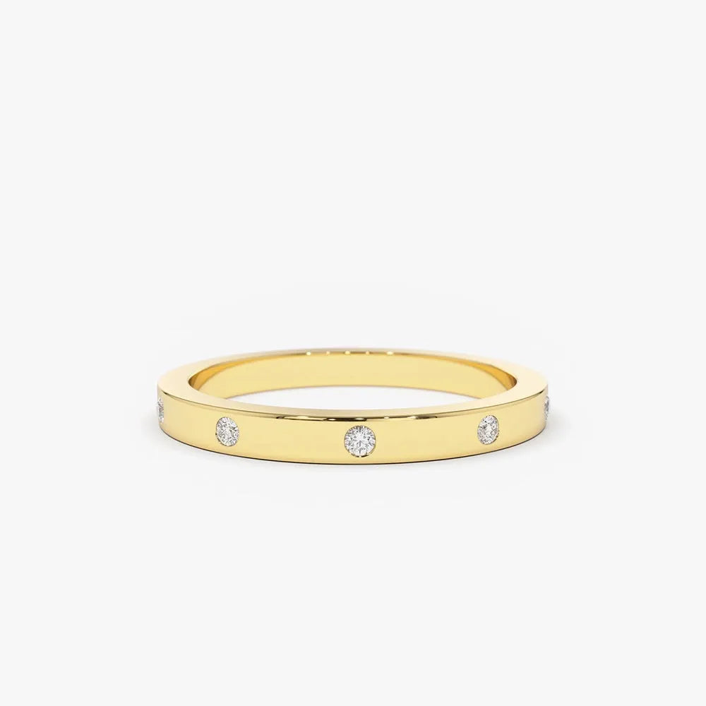 14K Solid Gold Round Diamond Burnish Set Wedding Ring 0.10 Carat