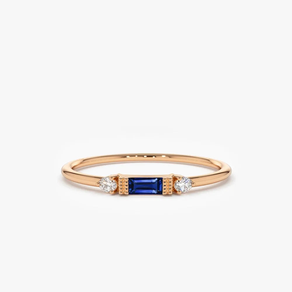 14k Gold Blue Sapphire and Diamond Baguette Cut Ring 0.384 ctw