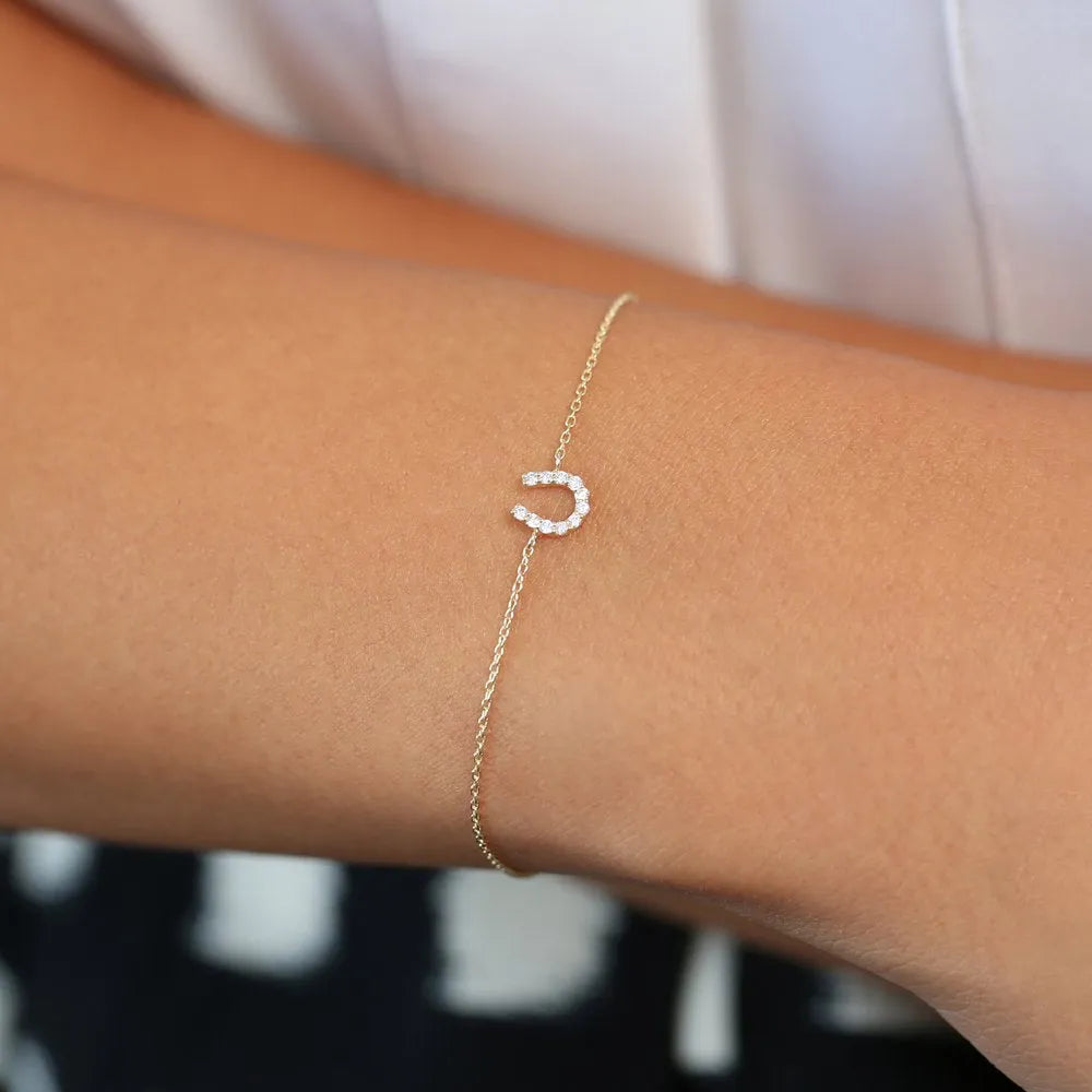 14K Solid Gold Round Diamond Horseshoe Bracelet Micro Pave 0.08 Carat