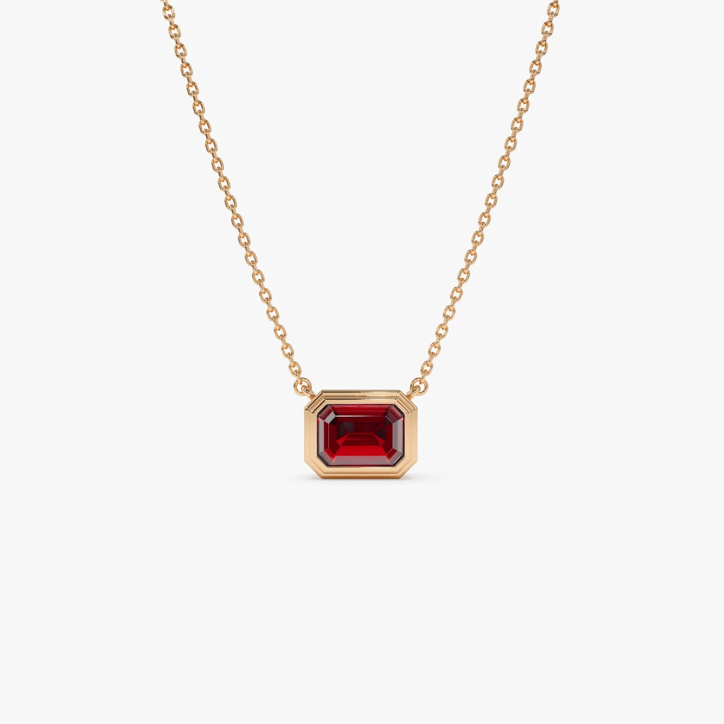 14k Solid Gold Garnet Emerald Cut Necklace 0.95 Carat Bezel Setting