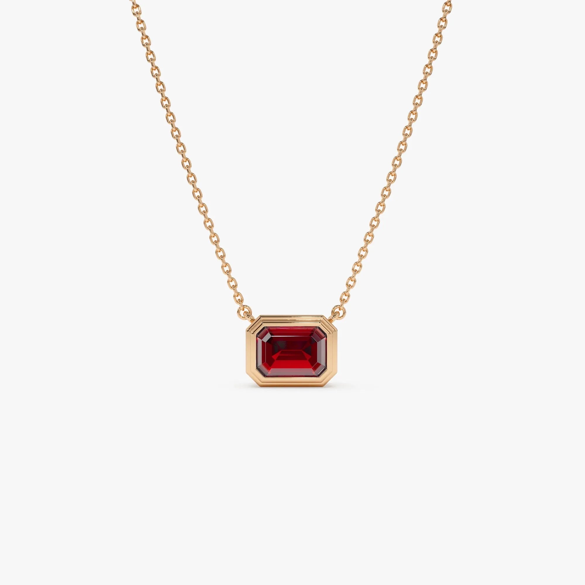 14k Solid Gold Garnet Emerald Cut Necklace 0.95 Carat Bezel Setting