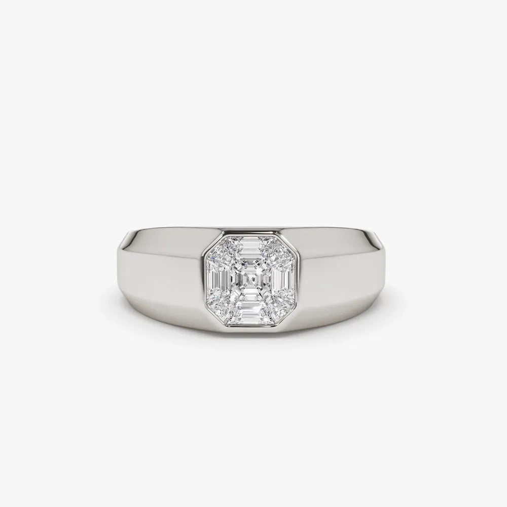 14k Solid Gold 0.40 Carat Diamond Asscher Cut Illusion Mosaic Solitaire Pinky Ring Invisible Bezel Setting