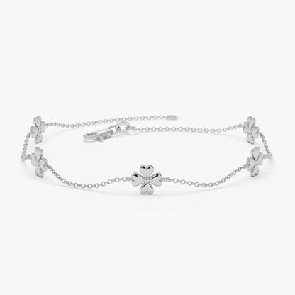 14k Solid Gold Clover Station Link Chain Bracelet with Charms