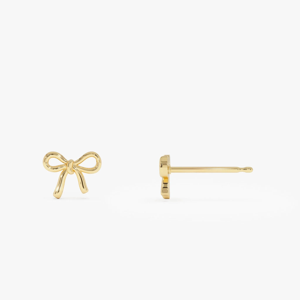 14k Solid Gold Bow Knot Stud Earrings Minimalist Ribbon Shape 9.4mm