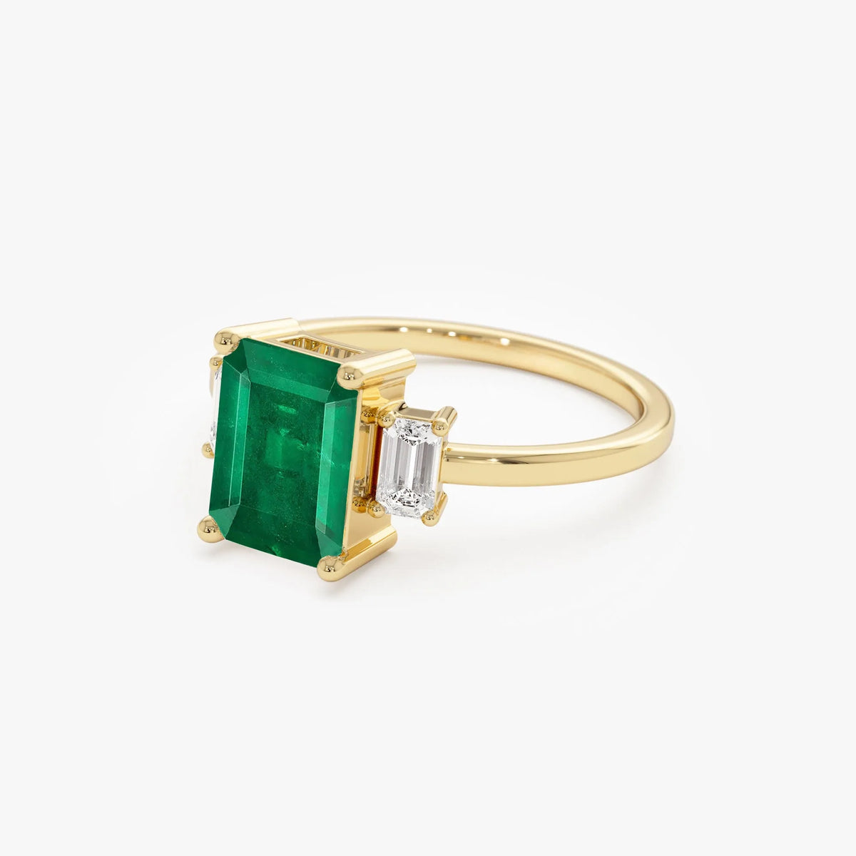 14K Solid Gold Emerald Cut Emerald and Diamond Three Stone Engagement Ring 1.75 CTW