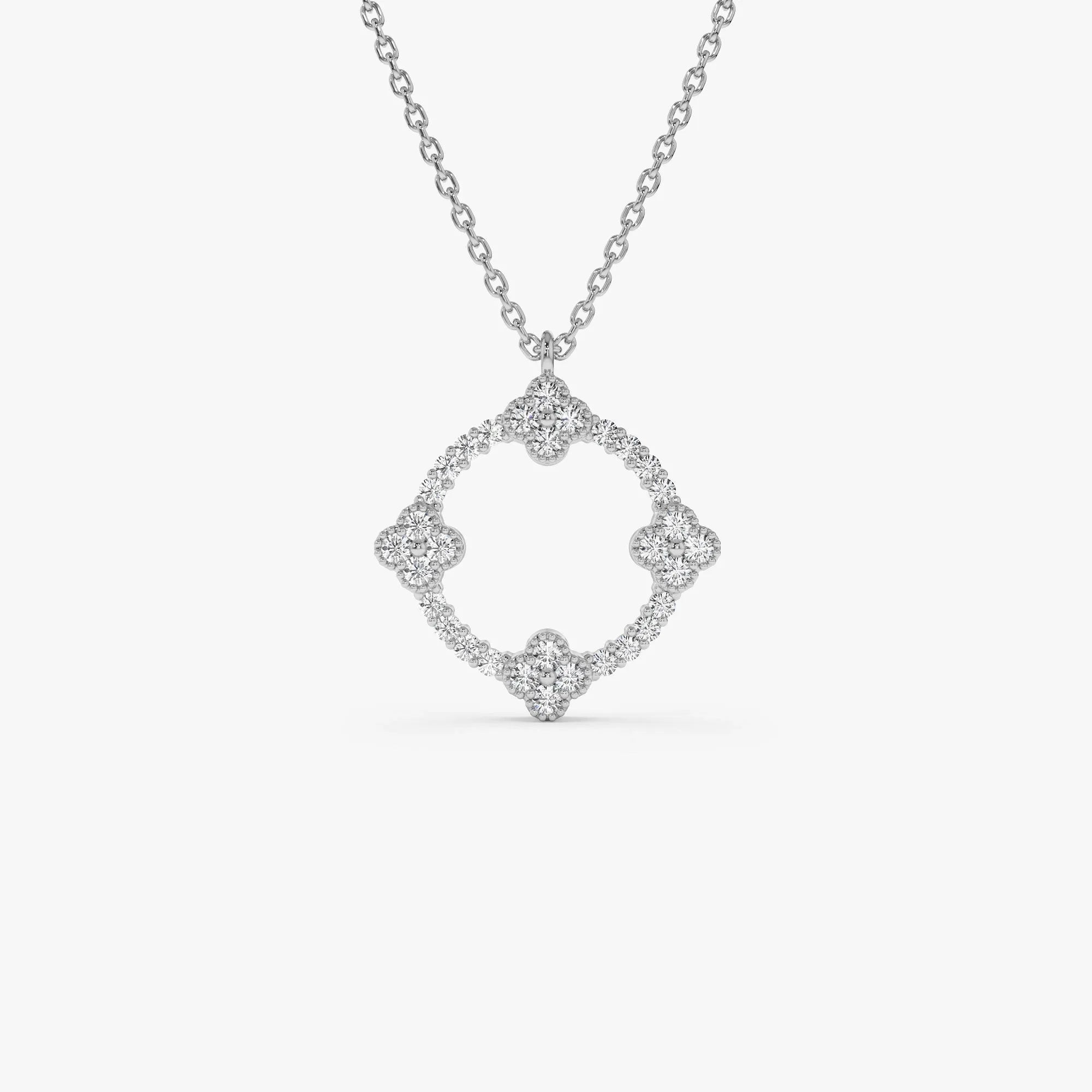 14K Solid Gold 0.32 CTW Round Diamond Clover Circle Necklace