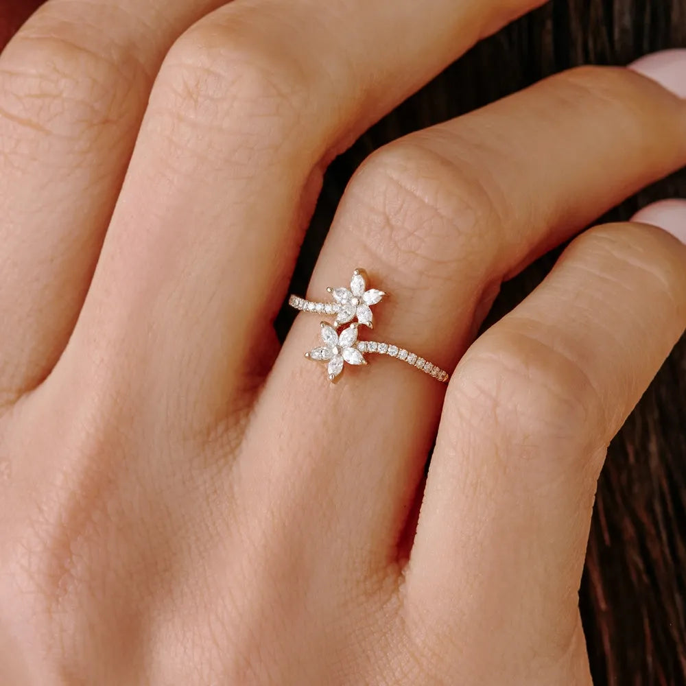 14k Gold 0.39 ctw Marquise and Round Diamond Flower Bypass Ring