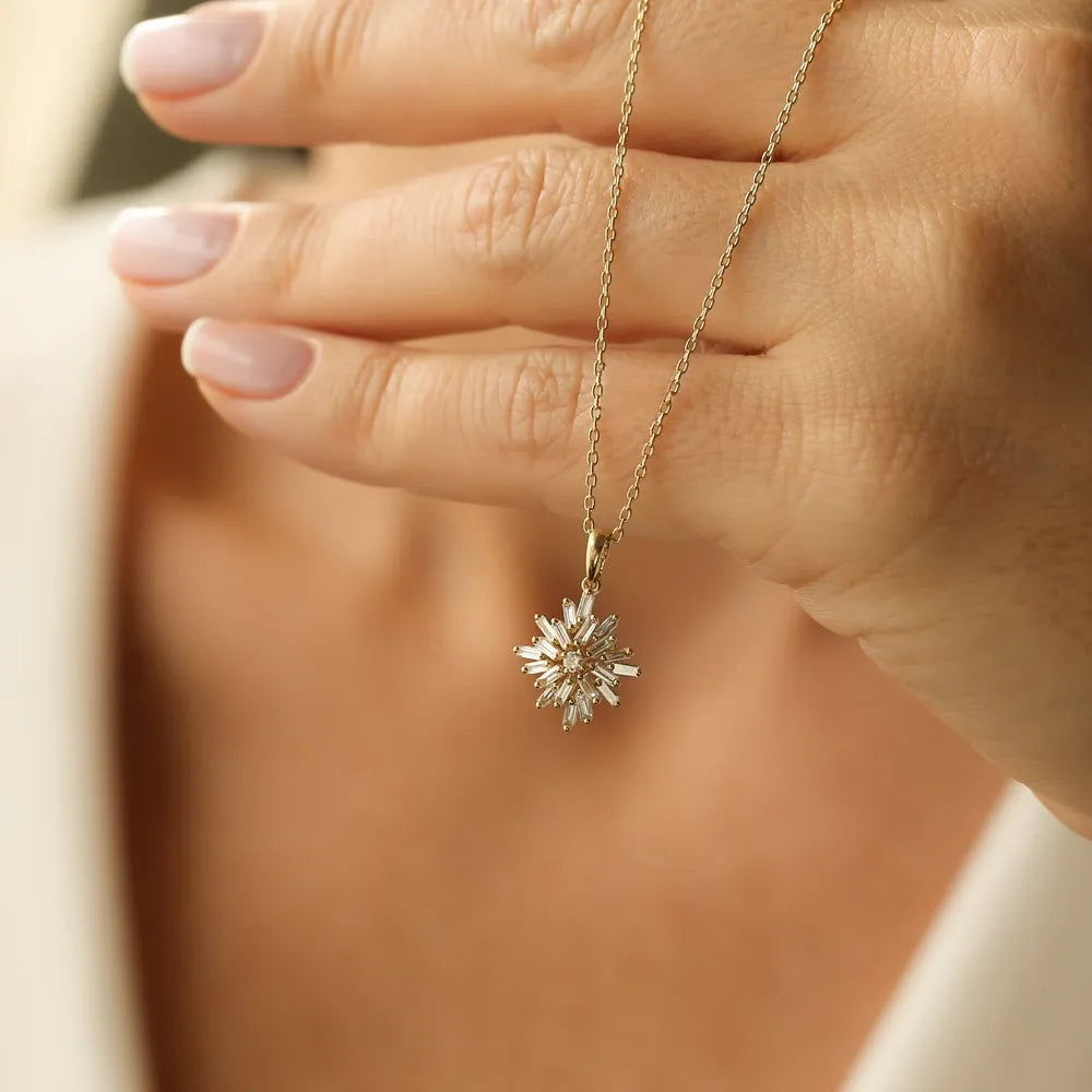 14K Solid Gold Baguette and Round Diamond Cluster Pendant Necklace Prong Setting 0.56ctw
