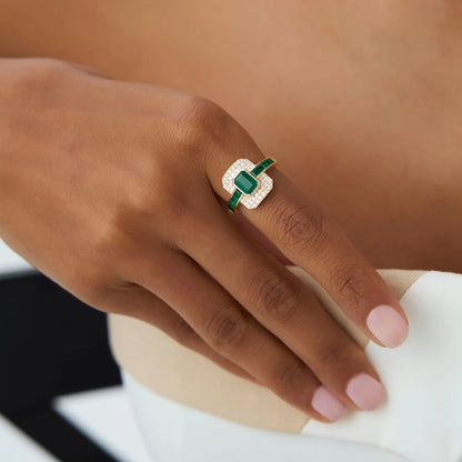 14K Gold Emerald Cut and Square Emerald Round Diamond Art Deco Ring 2.30 CTW