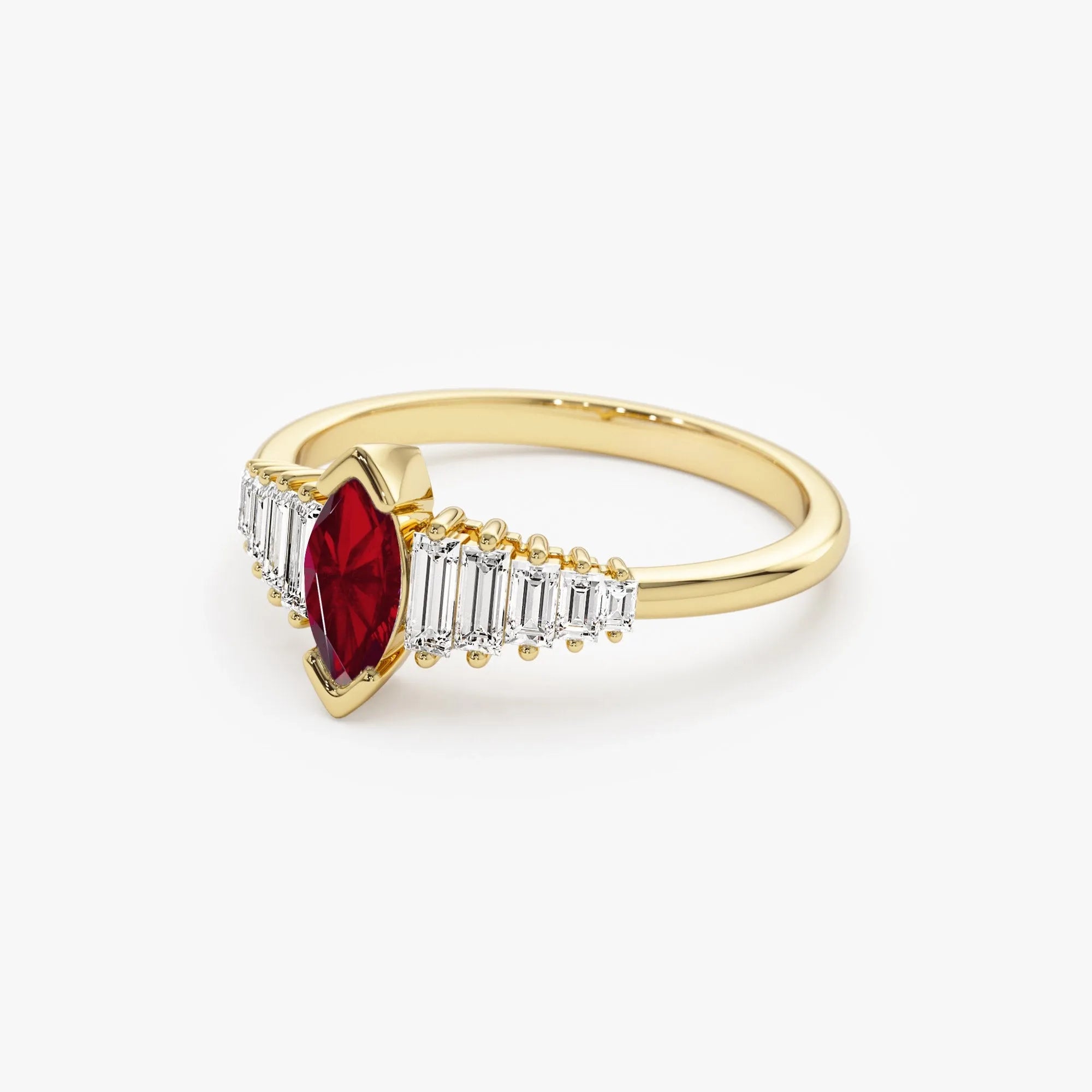 14k Gold Ruby and Diamond Marquise and Baguette Cut Ring 0.78 ctw