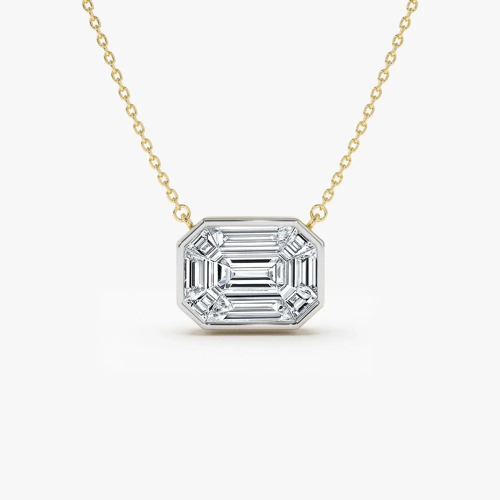 14K Solid Gold Baguette Diamond Step Cut Mosaic Illusion Necklace Invisible Bezel Setting 0.48ctw