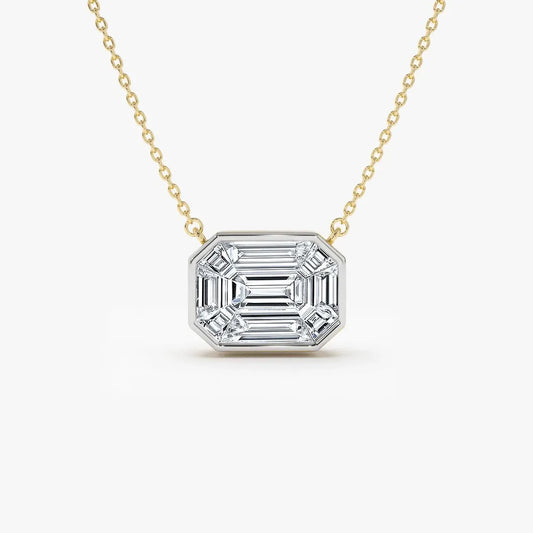 14K Solid Gold Baguette Diamond Step Cut Mosaic Illusion Necklace Invisible Bezel Setting 0.48ctw