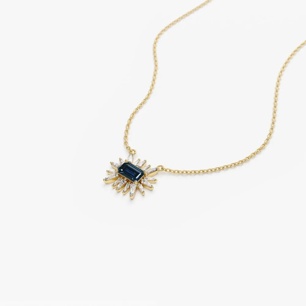 14k Solid Gold Sapphire and Diamond Emerald Cut Tapered Baguette Necklace 0.65 Carat