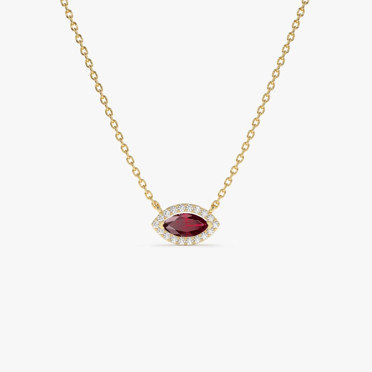 14k Solid Gold Ruby and Diamond Marquise Round Halo Necklace 0.30 Carat Prong Setting