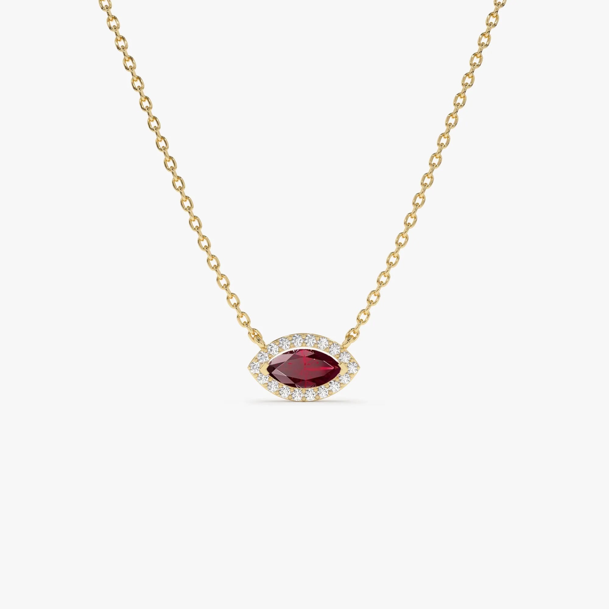 14k Solid Gold Ruby and Diamond Marquise Round Halo Necklace 0.30 Carat Prong Setting