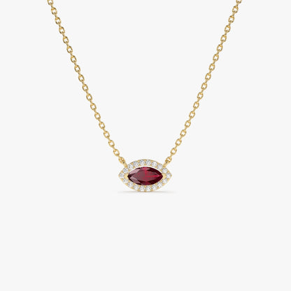 14k Solid Gold Ruby and Diamond Marquise Round Halo Necklace 0.30 Carat Prong Setting