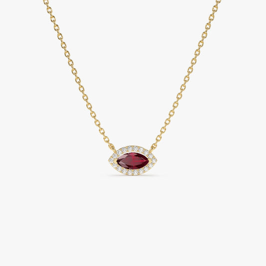14k Solid Gold Ruby and Diamond Marquise Round Halo Necklace 0.30 Carat Prong Setting
