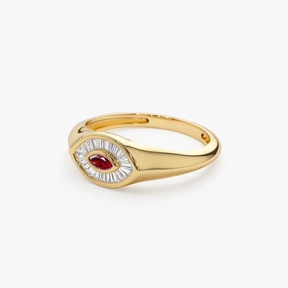 14k Gold Ruby and Diamond Marquise and Baguette Cut Ring 0.39 ctw