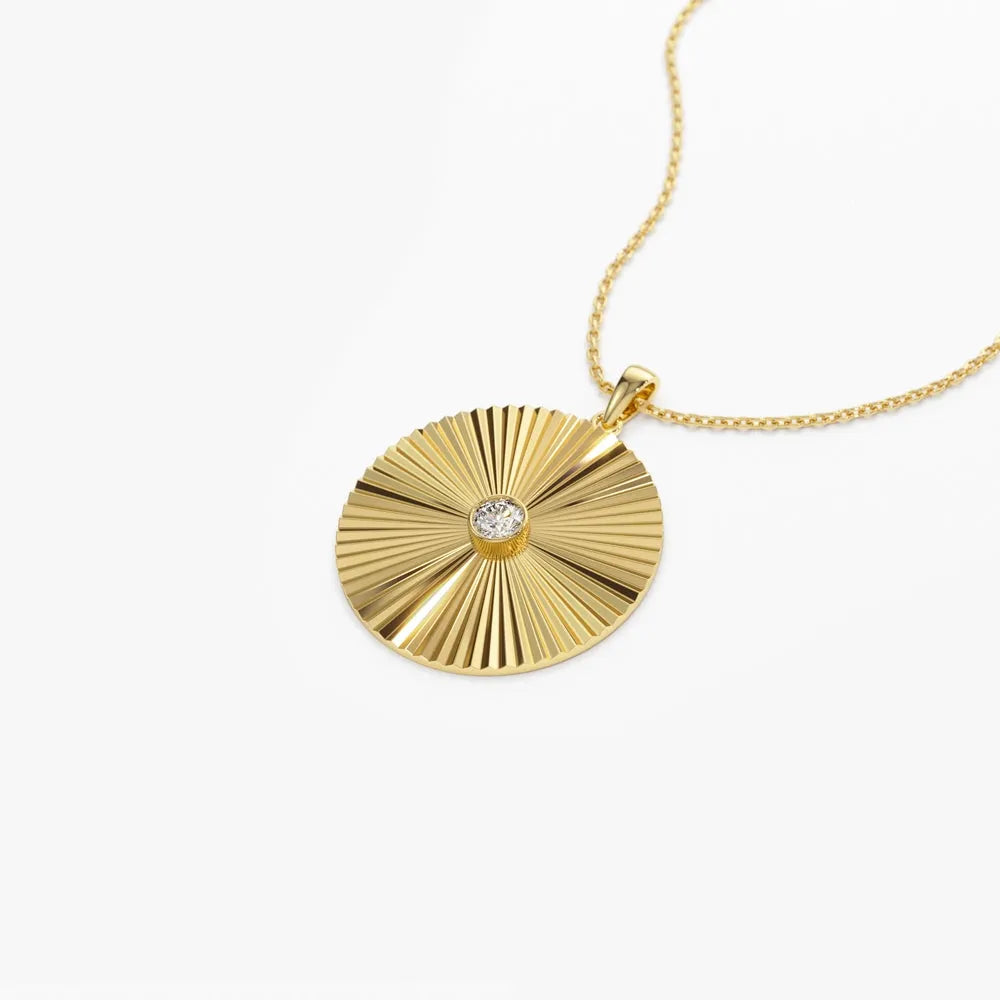 14K Solid Gold Round Diamond Large Disc Ray Pendant Necklace 0.12ctw