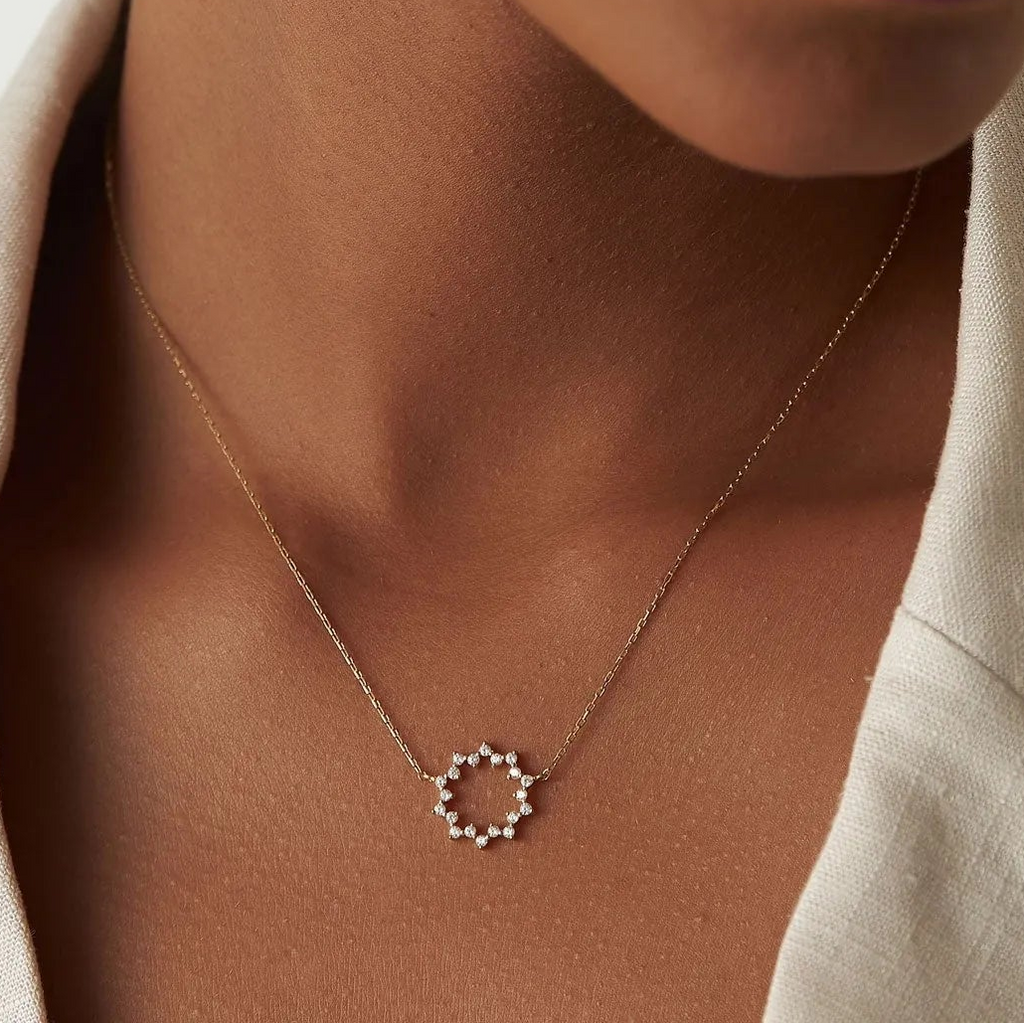 14K Solid Gold 0.40 CTW Round Diamond Sun Circle Necklace Prong Setting