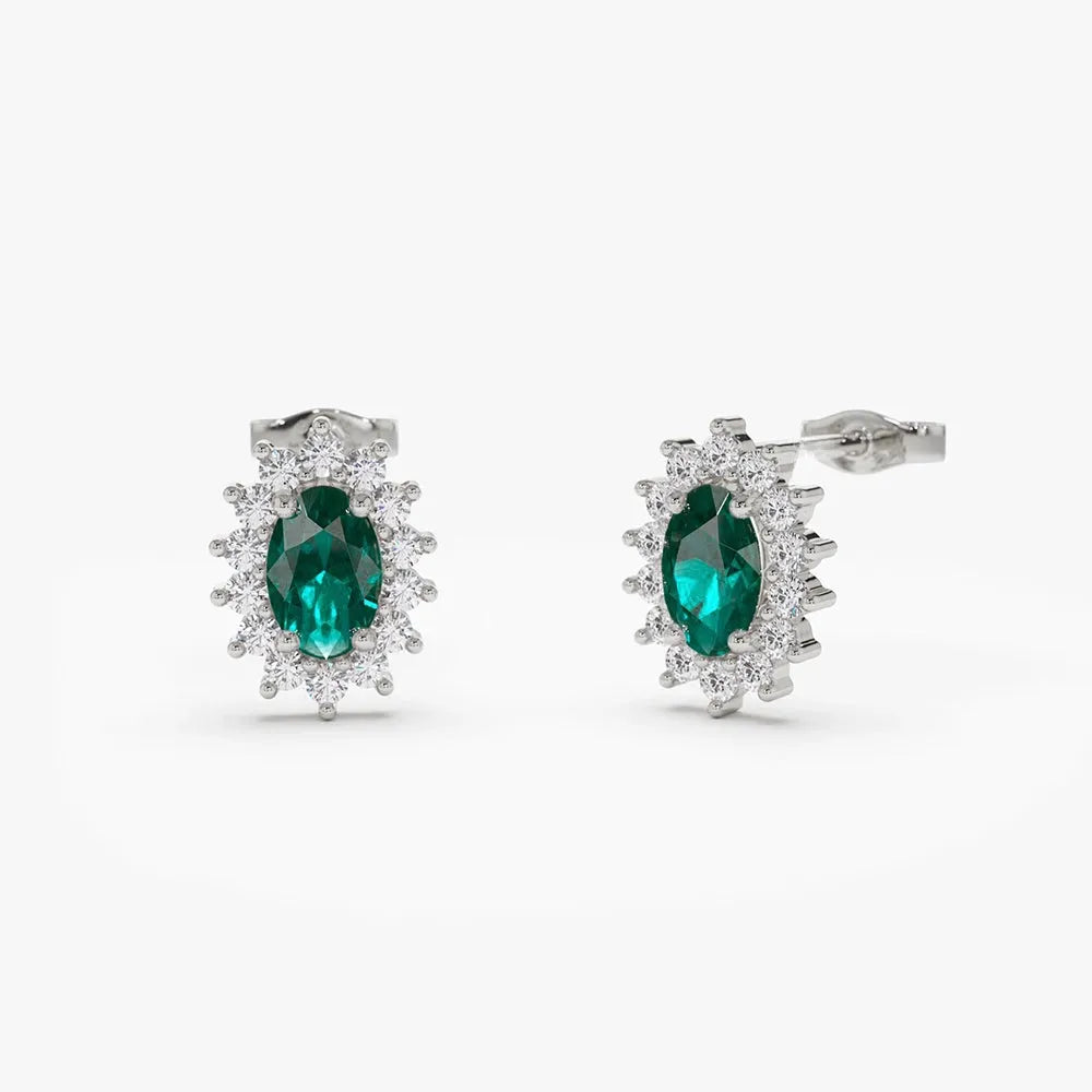 14k Solid Gold Oval Emerald and Round Diamond Halo Earrings 0.37 ctw