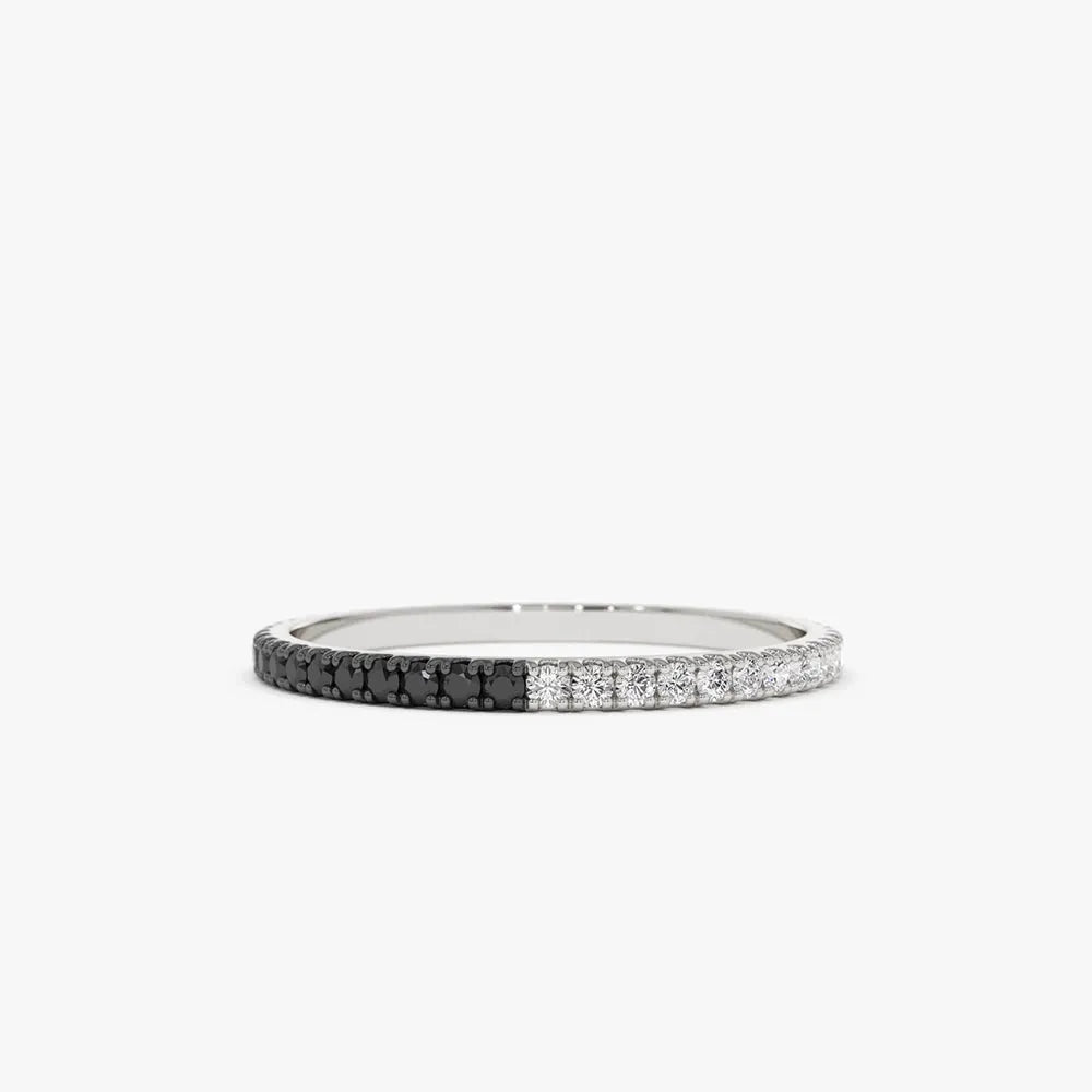 14k Solid Gold Round Black and White Diamond Micro Pave Eternity Band