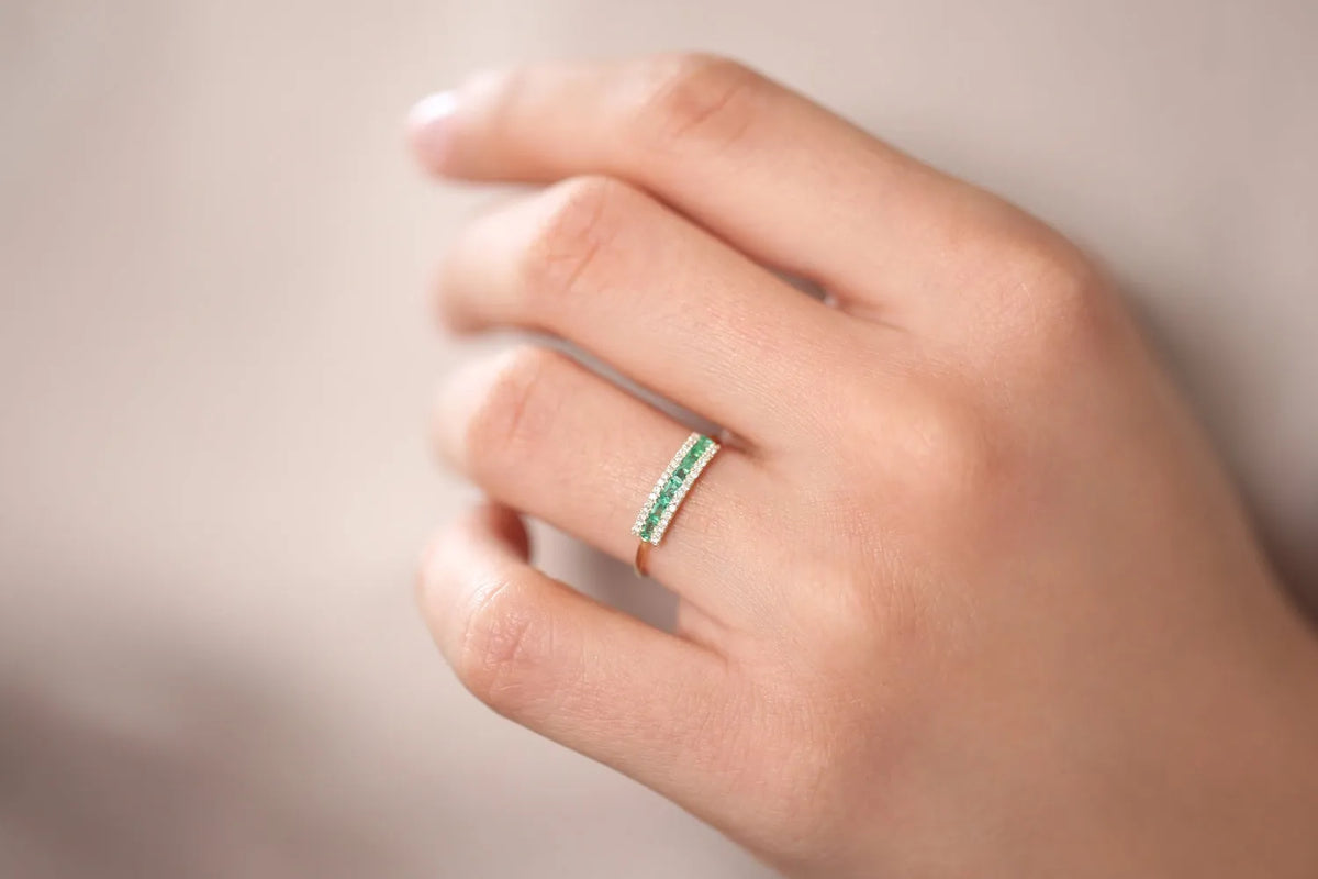 14K Solid Gold Baguette Emerald and Round Diamond Channel Micro Pave Ring 0.60 CTW