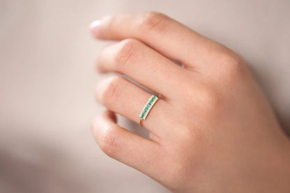 14K Solid Gold Baguette Emerald and Round Diamond Channel Micro Pave Ring 0.60 CTW