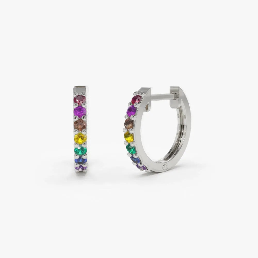 14K Solid Gold Multi Color Rainbow Gemstone Huggie Hoop Earrings 0.25 CTW
