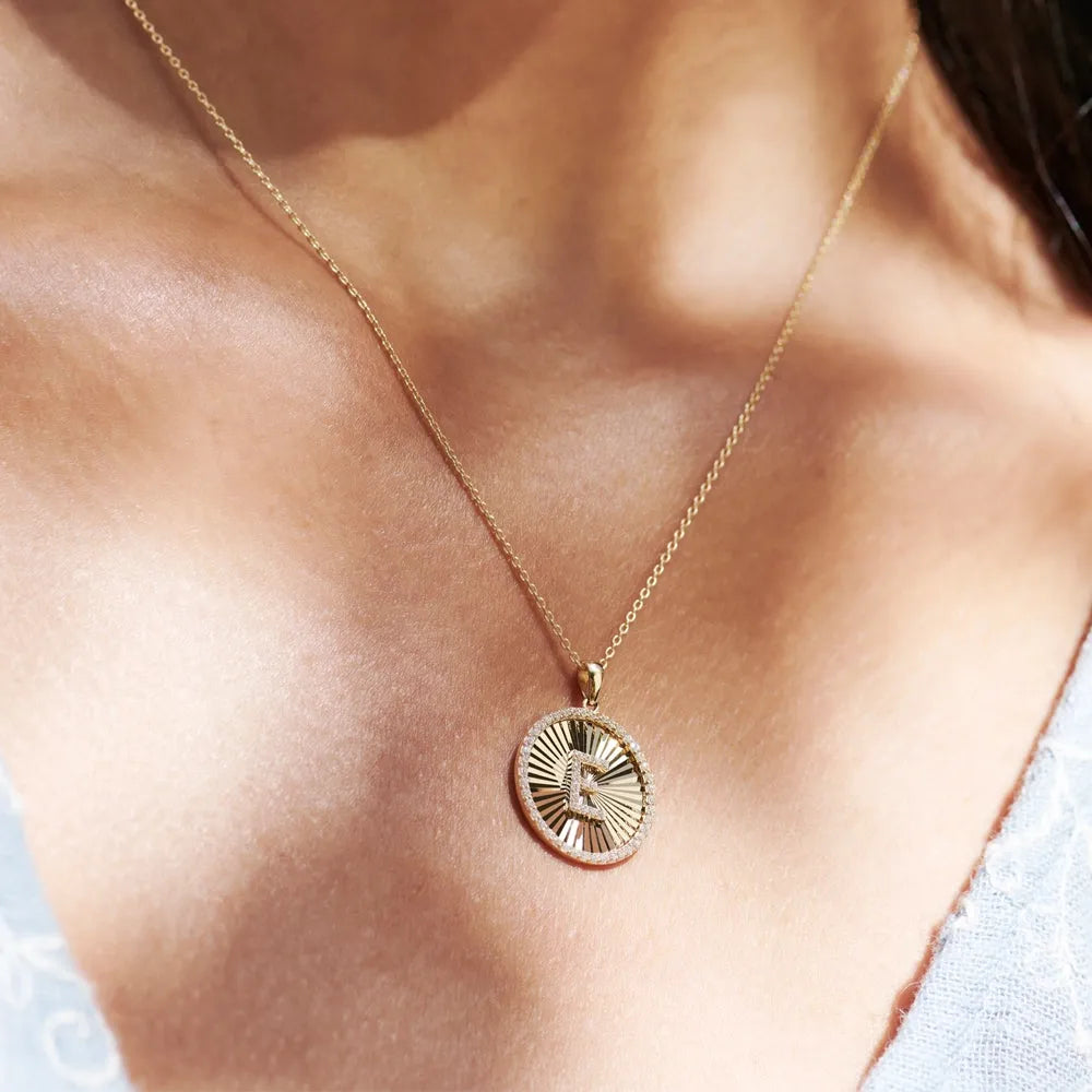 14K Solid Gold Round Diamond Initial Ballerina Disc Pendant Necklace 0.34ctw