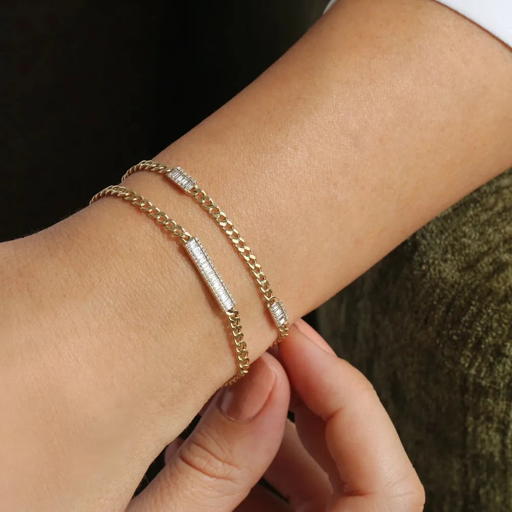 14K Solid Gold 0.42 CTW Baguette and Round Diamond Bar Curb Link Bracelet