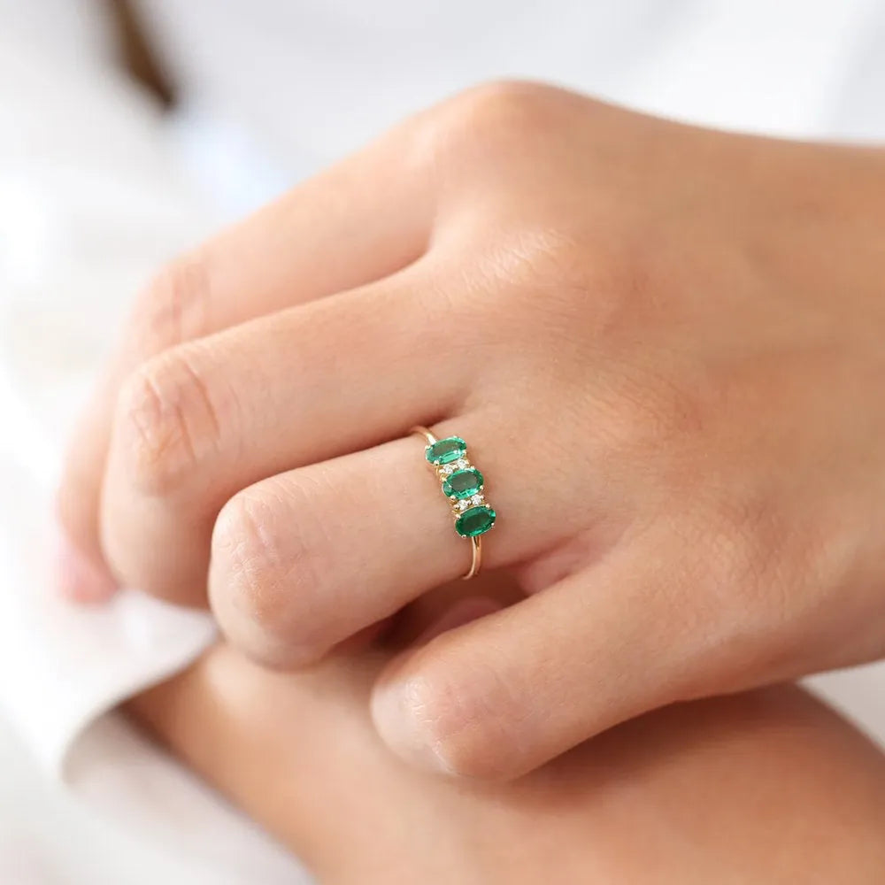 14K Solid Gold Triple Oval Emerald and Round Diamond Ring 0.70 CTW Handcrafted Jewelry