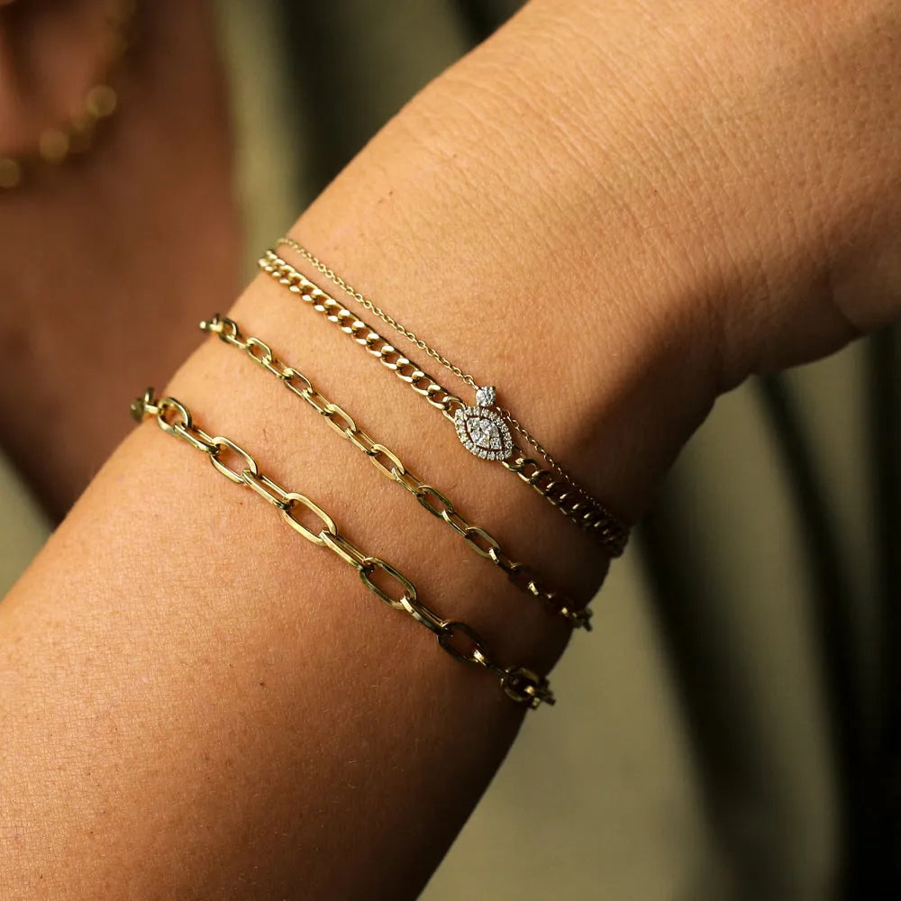 14K Solid Gold 0.19 CTW Marquise Round and Princess Cut Diamond Curb Link Illusion Setting Bracelet