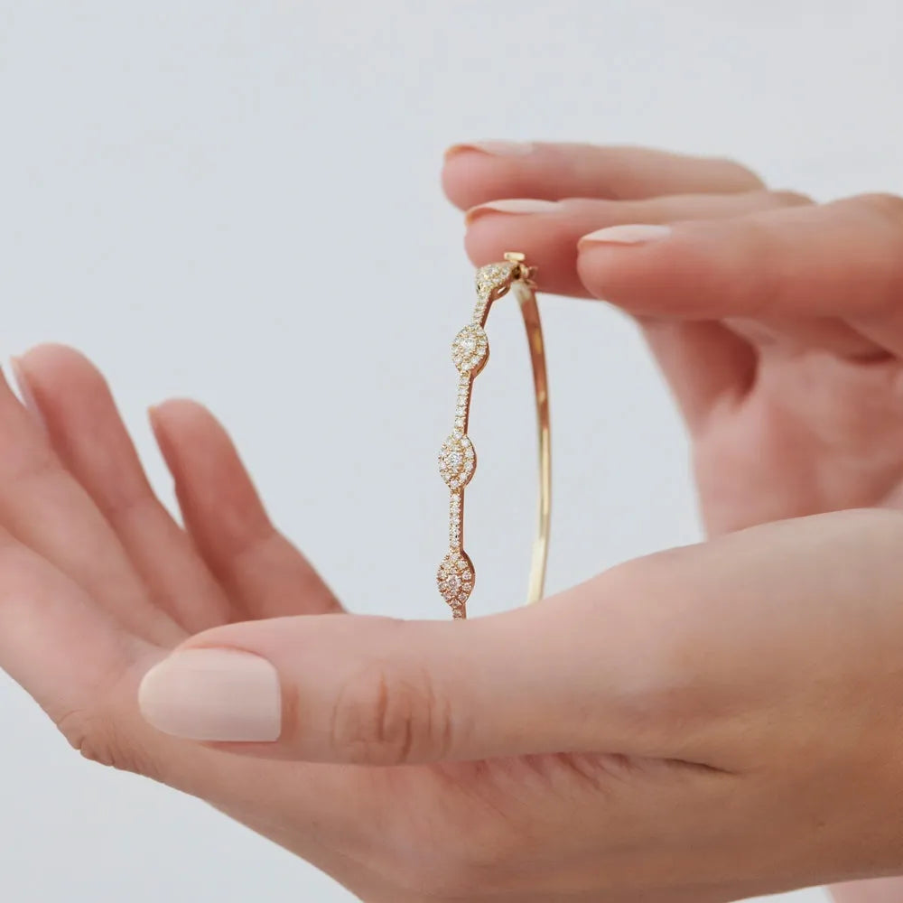 14K Solid Gold 0.99 CTW Round Diamond Marquise Shape Bangle