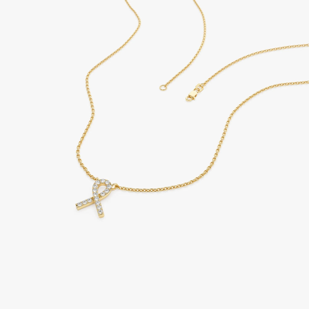 14K Solid Gold 0.08 CTW Round Diamond Ribbon Necklace