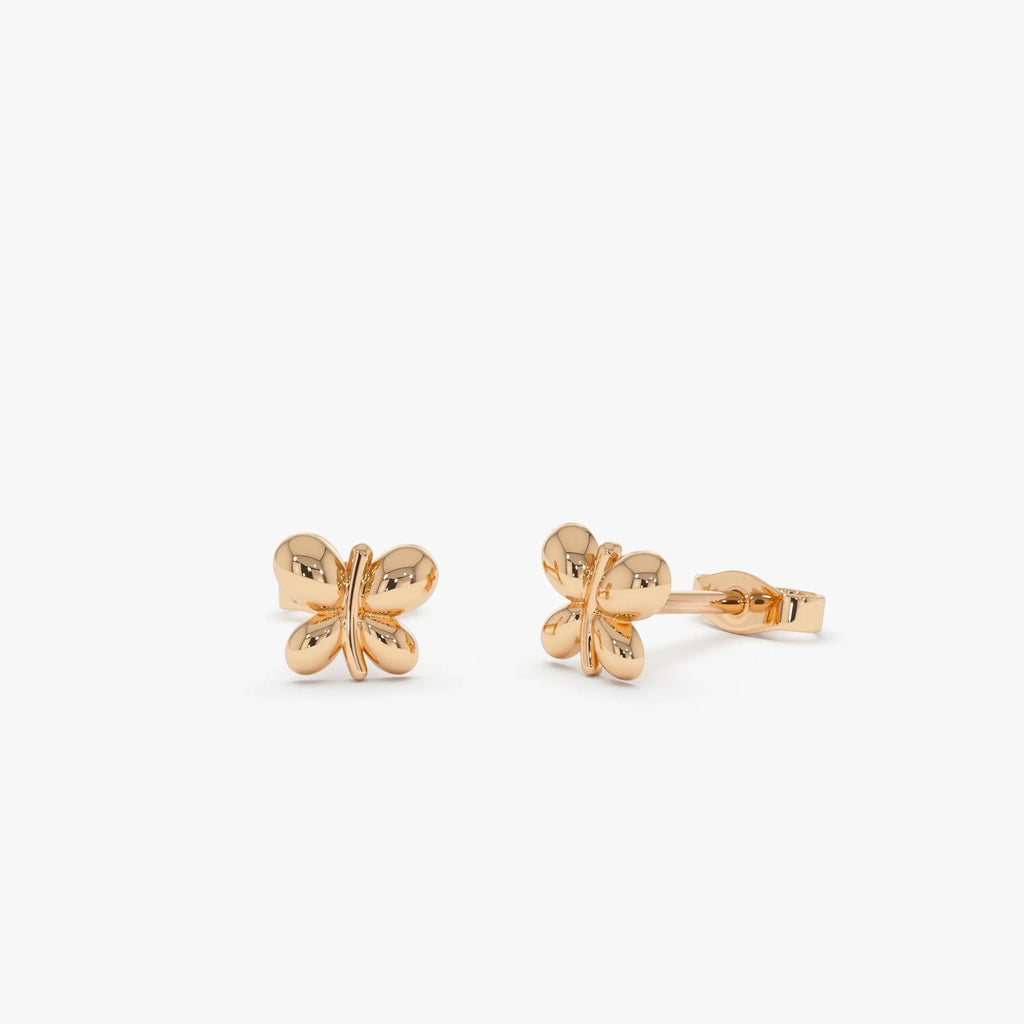 14k Solid Gold Bubble Butterfly Stud Earrings Minimalist Geometric Style