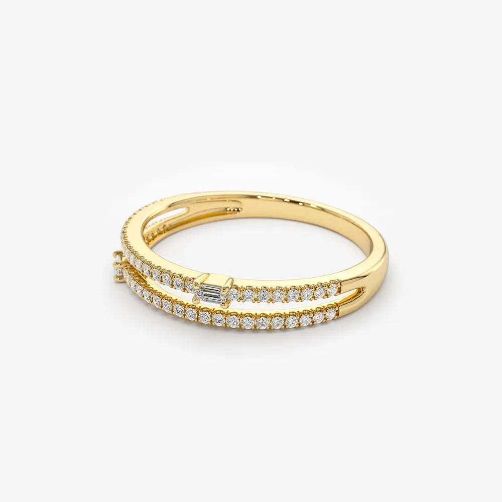 14k Gold Baguette and Round Diamond 0.29 CTW Double Row Micro Pave Statement Ring