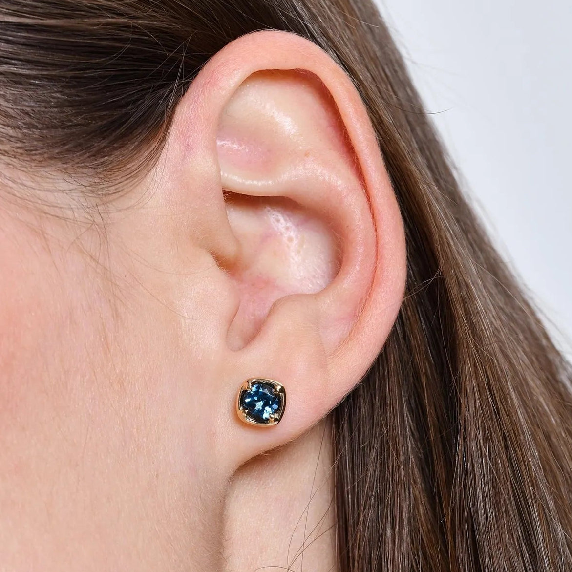 14K Solid Gold Round London Blue Topaz Cushion Stud Earrings 1.25ctw