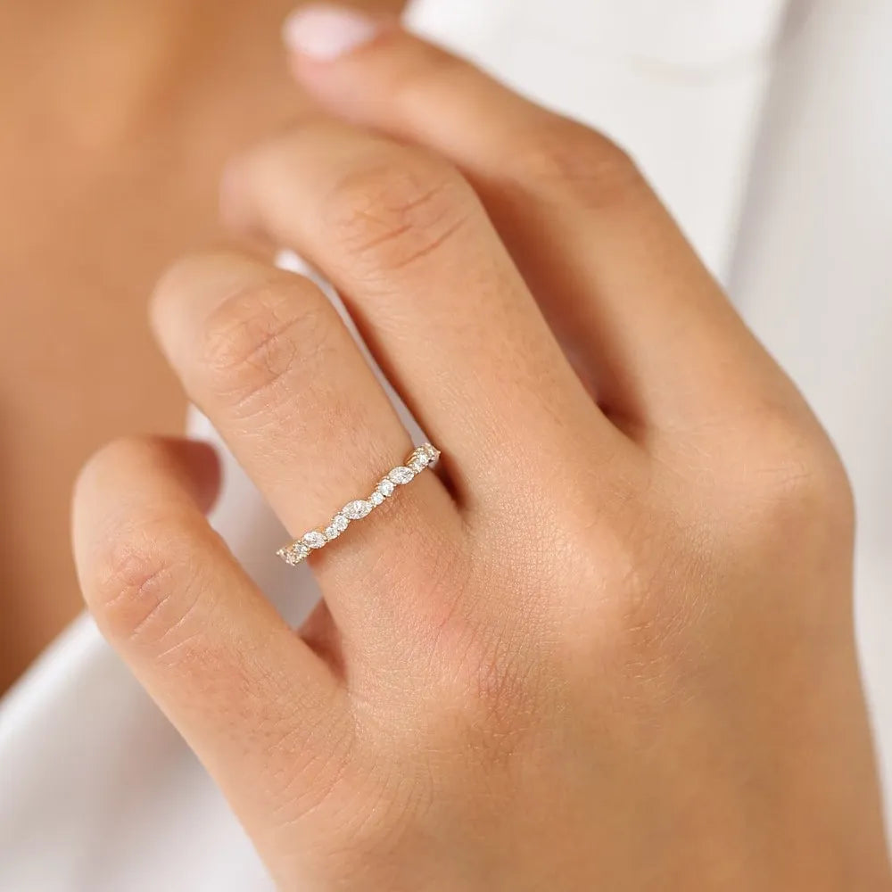 14k Gold 0.59 ctw Marquise and Round Diamond Cluster Stackable Wedding Ring Prong Setting