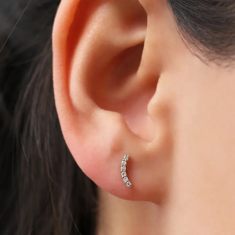 14k Gold Diamond Round Cut Curved Bar Stud Earrings Micro Pave 0.10 ctw