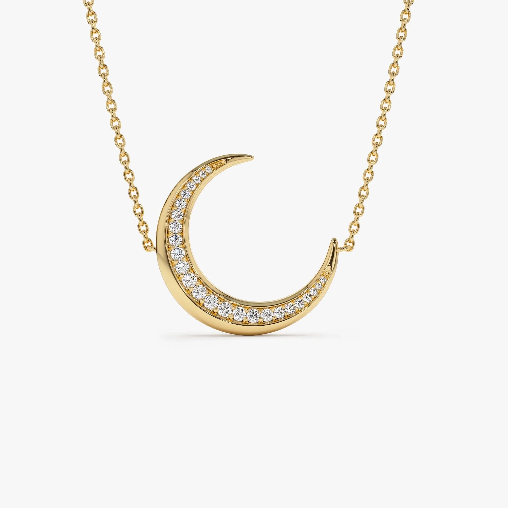 14K Solid Gold 0.25 CTW Round Diamond Large Crescent Moon Necklace
