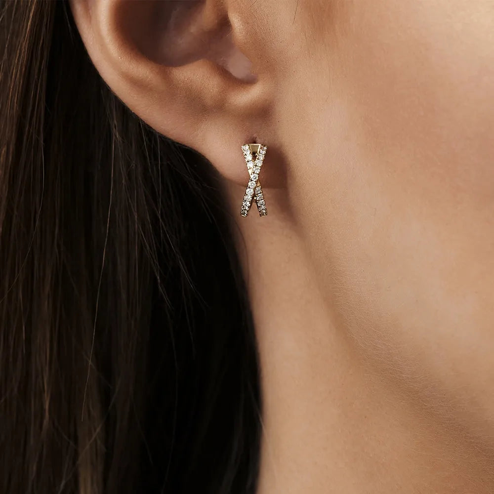 14k Gold Diamond Round Cut Criss Cross Hoop Earrings Micro-Pave 0.35 ctw