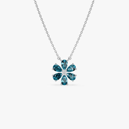 14k Solid Gold London Blue Topaz and Diamond Pear and Round Flower Necklace 1.35 Carat