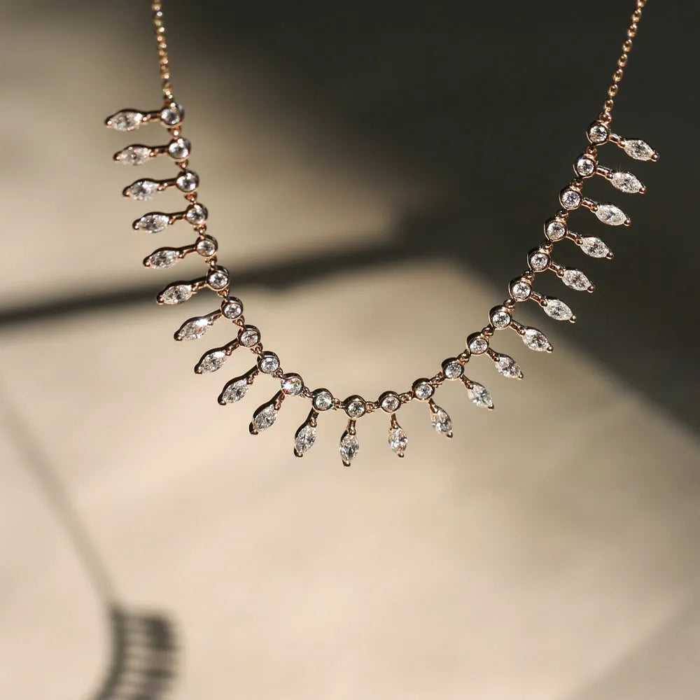 14K Solid Gold Baguette and Round Diamond Statement Necklace Prong and Bezel Set 1.96ctw