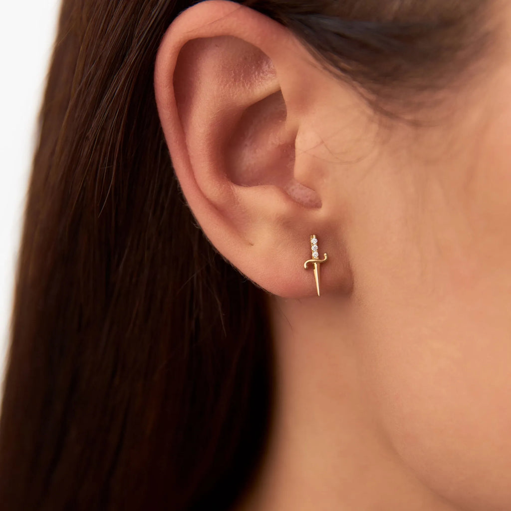 14k Gold Diamond Round Cut Mini Sword Earrings 0.06 ctw