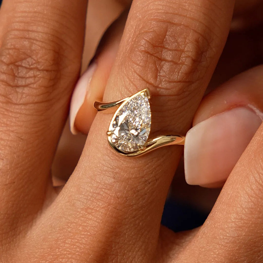 14k Gold Lab Grown Diamond Pear Cut Ring Bypass Design Novelle 1.50 Carat