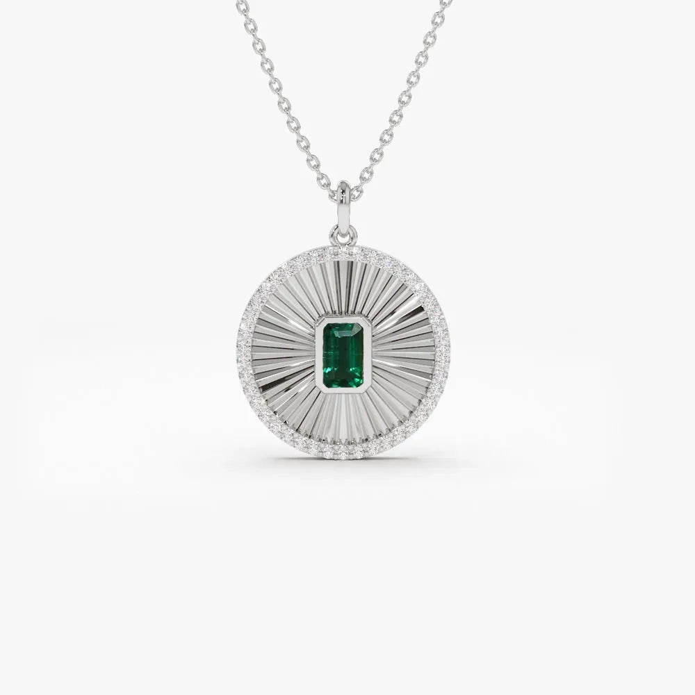 14k Solid Gold Emerald-Cut Emerald 0.35 CTW and Round Diamond 0.25 CTW Medallion Disc Pendant Necklace