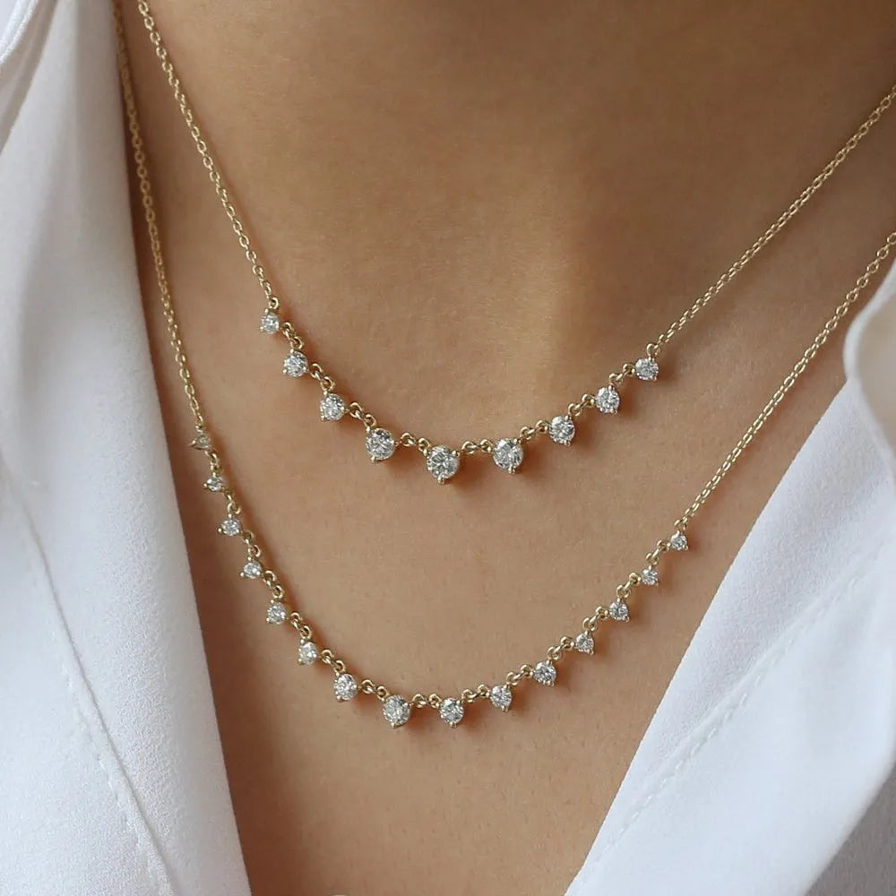 14K Solid Gold Round Diamond Graduating Necklace Prong Setting 0.85ctw