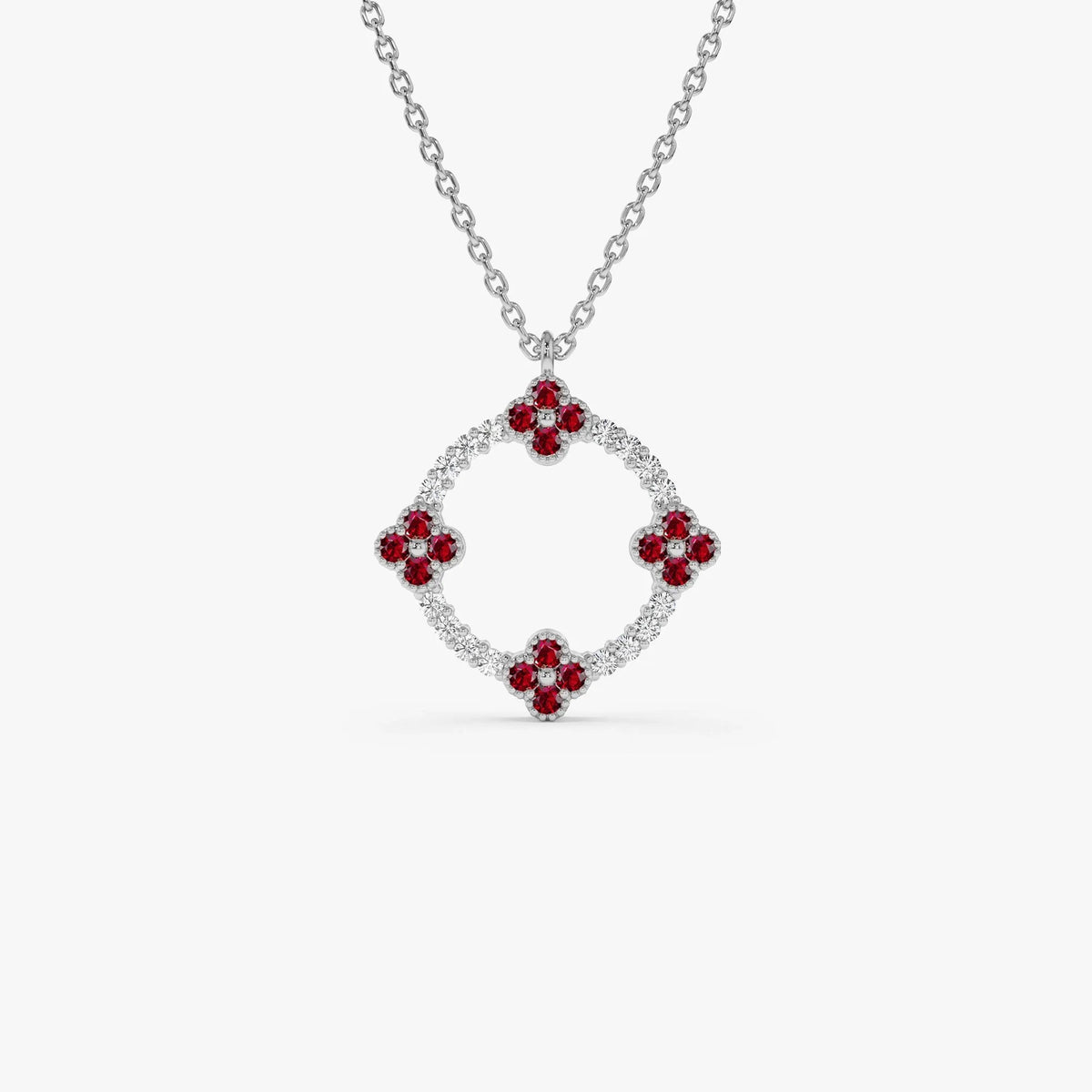 14k Solid Gold Ruby and Diamond Round Clover Necklace 0.32 Carat