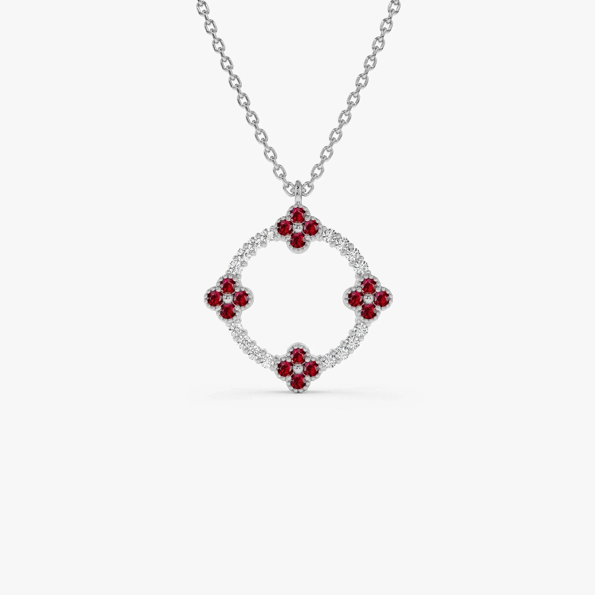 14k Solid Gold Ruby and Diamond Round Clover Necklace 0.32 Carat